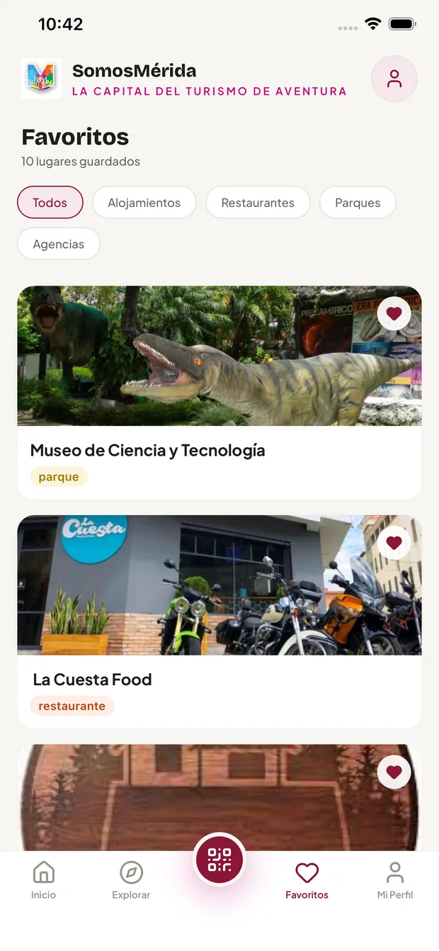 Pantalla de favoritos con los sitios guardados