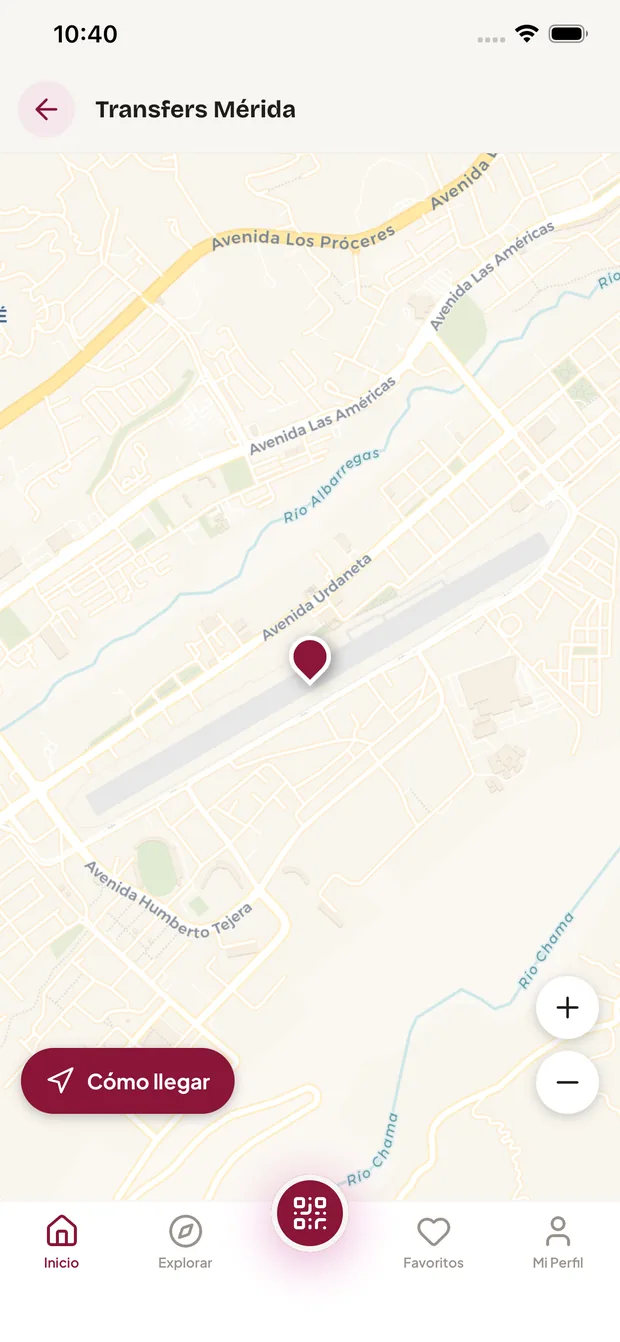 Pantalla «Cómo llegar» con el sitio marcado en el mapa y el botón de ruta