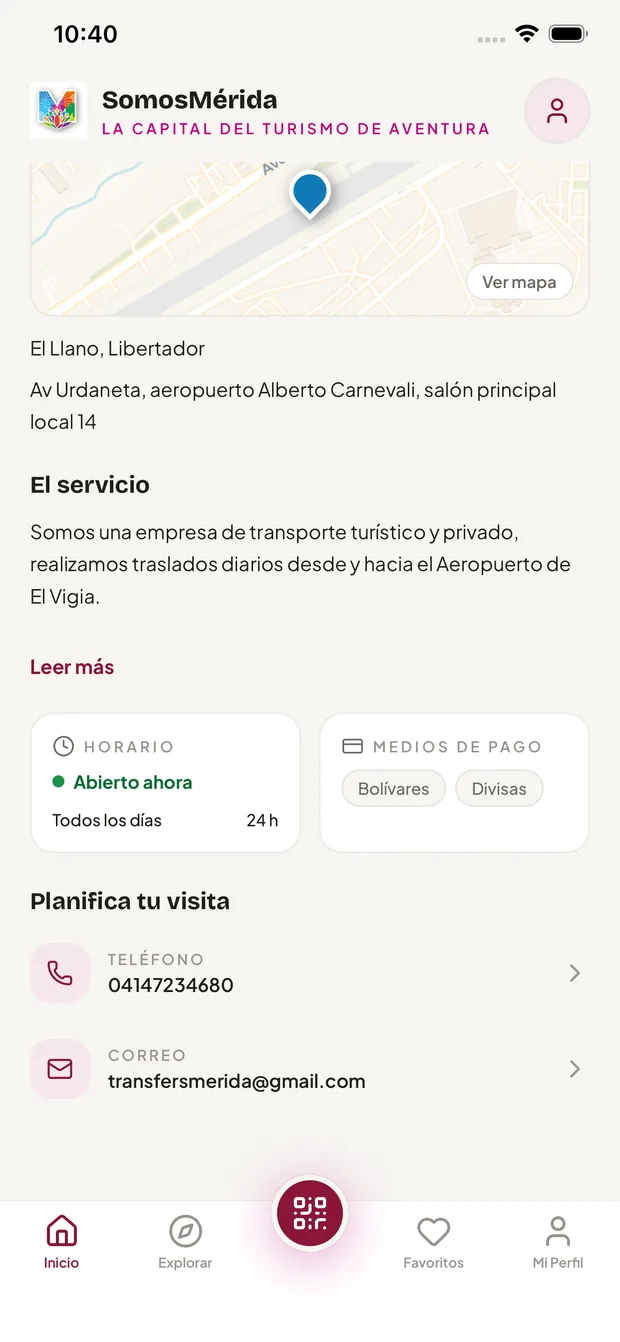 Ficha con horario del día y medios de pago aceptados